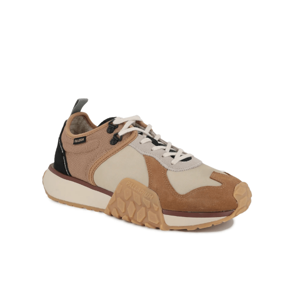 Palladium Troop Runner in Dear Brown and Safari - angled front view showing mixed material upper, speed hooks lacing and edgy rubber outsole
