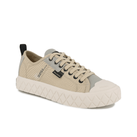Palladium Palla Ace HTG Supply Mojave Desert - front angle showcasing tan moleskin canvas upper, reinforced toe cap and diamond-patterned rubber outsole
