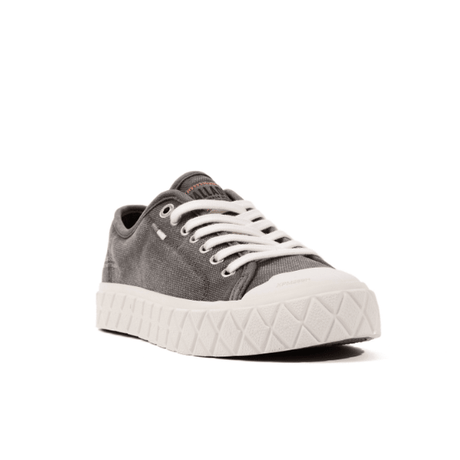 Palladium Palla Ace Washed CVS Metal/Black sneaker - front angle showcasing stone-washed canvas upper, protective toe cap and diamond-pattern outsole