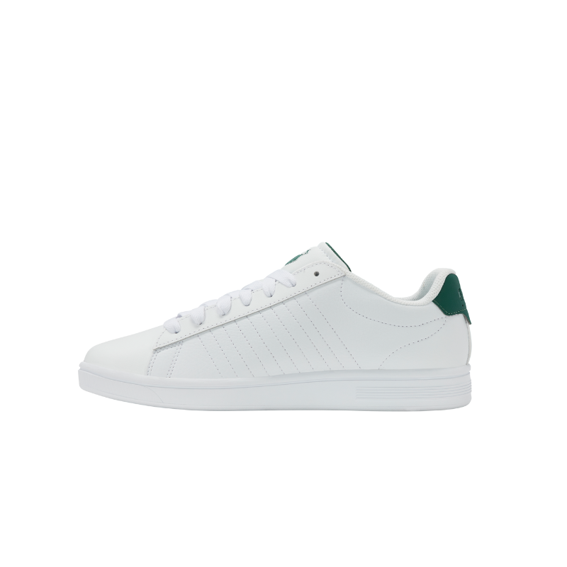 K-Swiss Court Shield II White Navy – side top view showing 5-stripe stitching and navy heel tab detail on low-top court sneaker