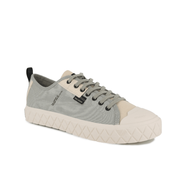 Palladium Palla Ace HTG Supply Abbey Stone - front angle showcasing moleskin canvas toe cap, reinforced eyestay and diamond-patterned foxing outsole