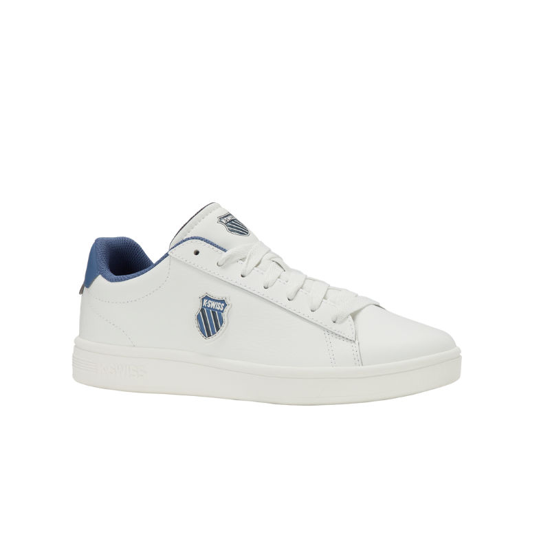 K-Swiss Court Shield II sneaker in White and Blue Horizon - 3/4 front angle view showing K-Swiss shield badge on low-top court shoe