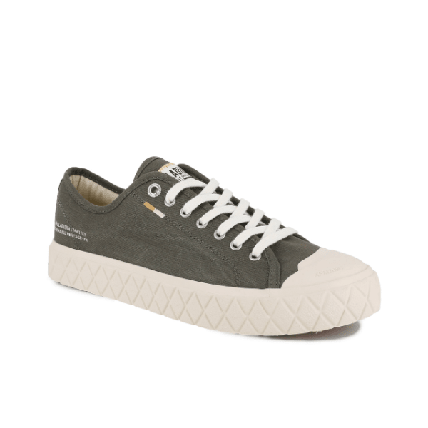 Palladium Palla Ace Washed CVS Olive Night low-top sneaker - top view showcasing lacing detail and stone-washed canvas texture