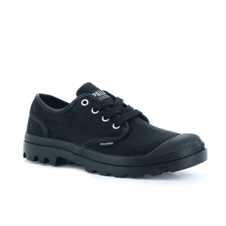 Pampa Oxford Black canvas sneaker - front three-quarter view with lace-up closure