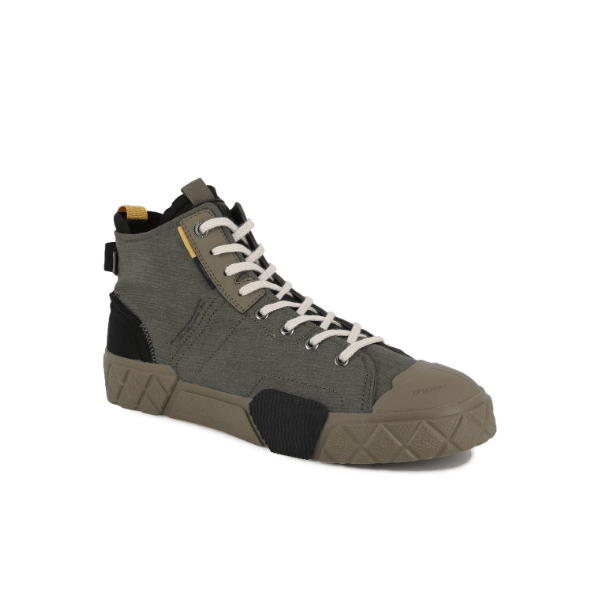 Ace City Shell Chukka Olive Night – front angle view showing quilted diamond outsole and yellow pull tab