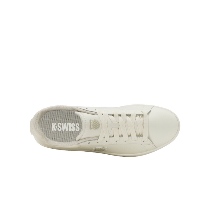 K-Swiss Court Shield II sneaker in Snow White - overhead insole view showing K-Swiss branding and light grey tonal footbed