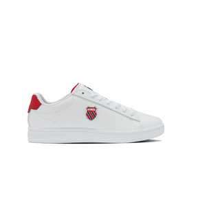 K-Swiss Court Shield II sneaker in White and Mars Red - side profile view of classic low-top court shoe with red heel tab