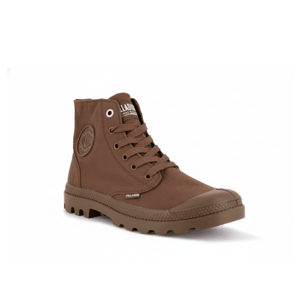 Angled front view of the bark brown Palladium Mono Chrome high-top boot with lace-up front and rubber toecap