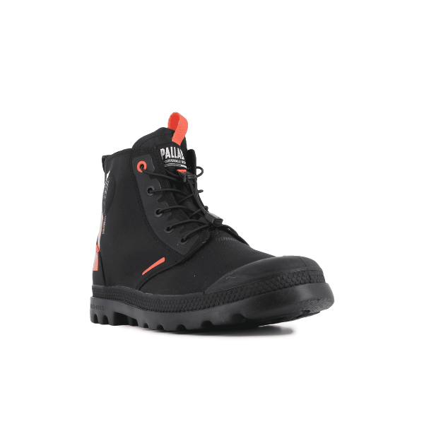 Palladium PAMPA Lite Journey Boot Black – angled front view with black canvas upper and Palladium branding