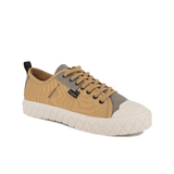Palladium Palla Ace HTG Supply Woodlin men's sneaker – front angle, tan canvas upper with grey toe cap, reinforced eyestay and diamond-pattern outsole