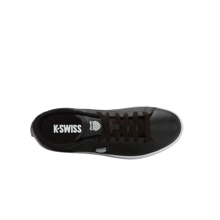 K-Swiss Court Shield II sneaker in Black - overhead insole view showing K-Swiss branding on black footbed with white sock liner
