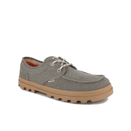 Dunelite Moc Cushion sneaker in Dusky Green - angled front view showing moc-stitch detailing and tan EVA outsole