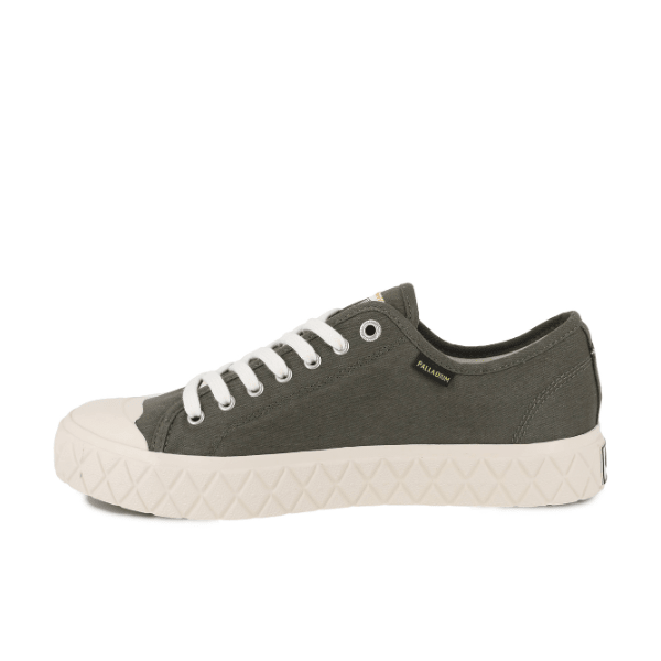 Palladium Palla Ace Washed CVS Olive Night sneaker - front angle view highlighting the protective toe cap and signature diamond-pattern outsole