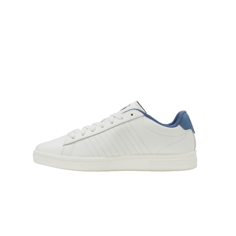 K-Swiss Court Shield II sneaker in White and Blue Horizon - top-down side view showing 5-stripe stitching and blue heel detail