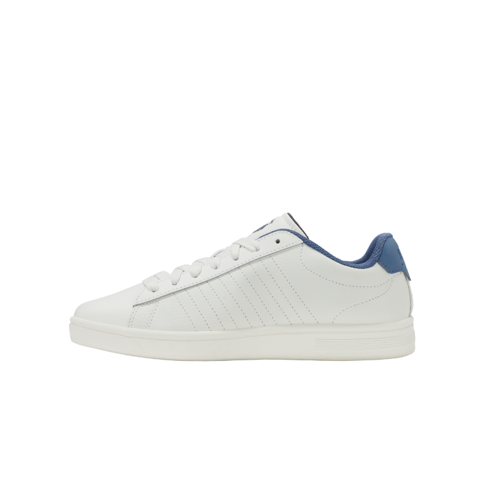 K-Swiss Court Shield II sneaker in White and Blue Horizon - top-down side view showing 5-stripe stitching and blue heel detail