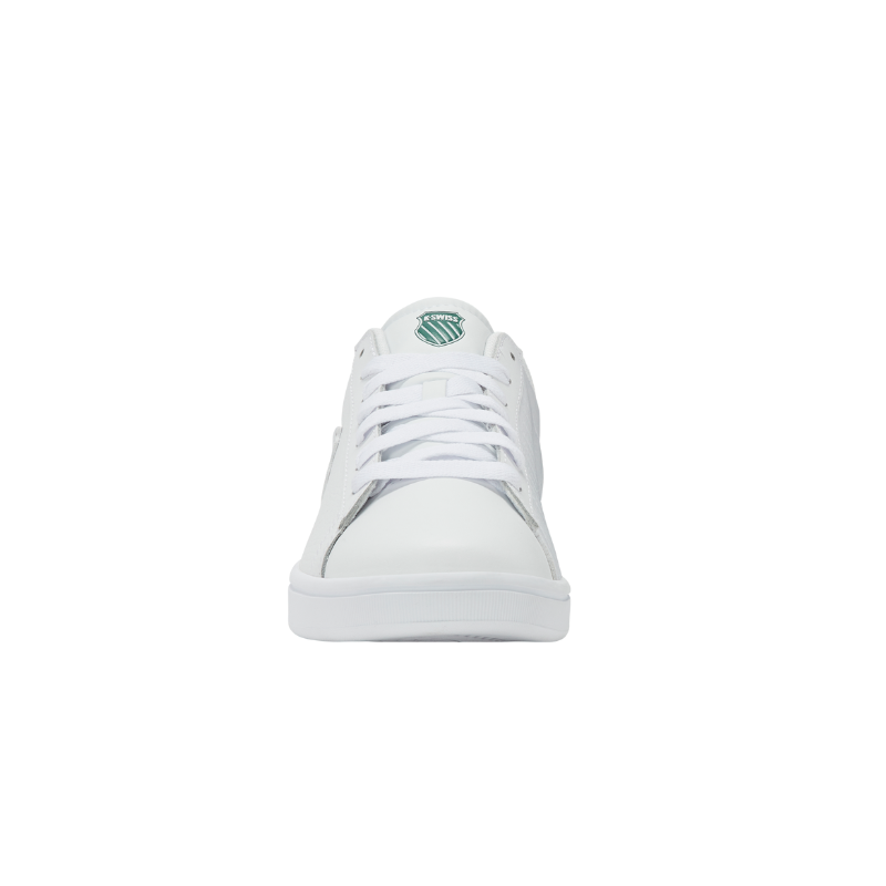 K-Swiss Court Shield II White Navy – front-on view highlighting rounded toe-box and clean low-top silhouette