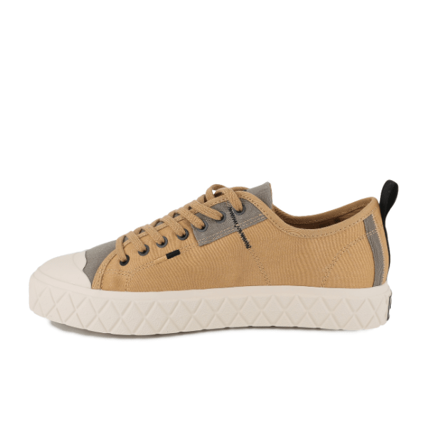 Palladium Palla Ace HTG Supply Woodlin sneaker – 3/4 view highlighting tan canvas upper with urban military-inspired styling and back pull tab