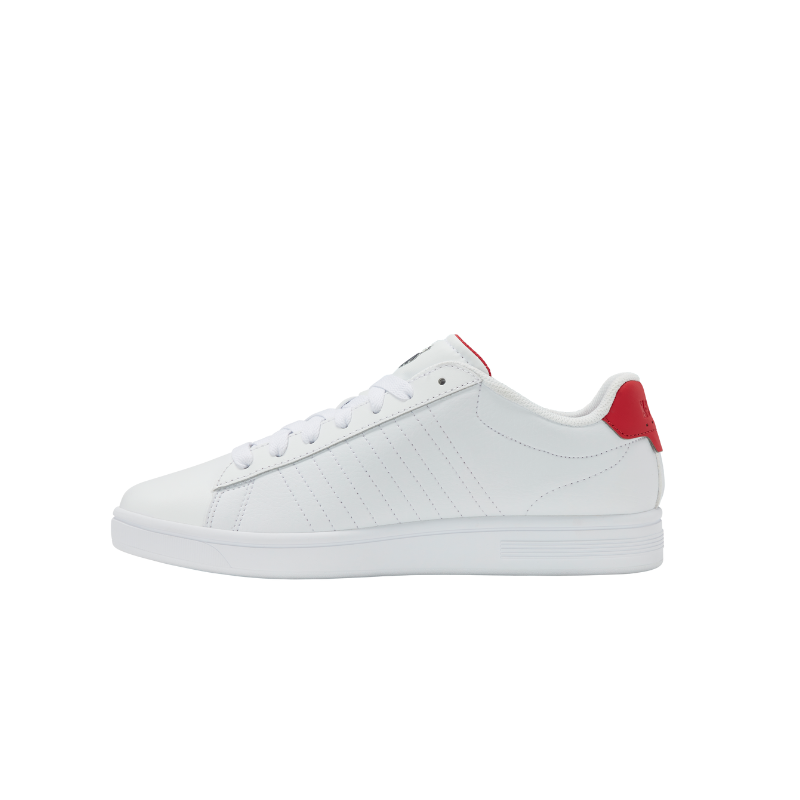 K-Swiss Court Shield II sneaker in White and Mars Red - top-down side view showing 5-stripe stitching detail and low-top silhouette