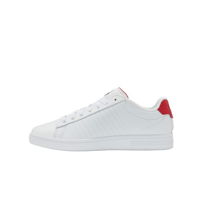 K-Swiss Court Shield II sneaker in White and Mars Red - top-down side view showing 5-stripe stitching detail and low-top silhouette