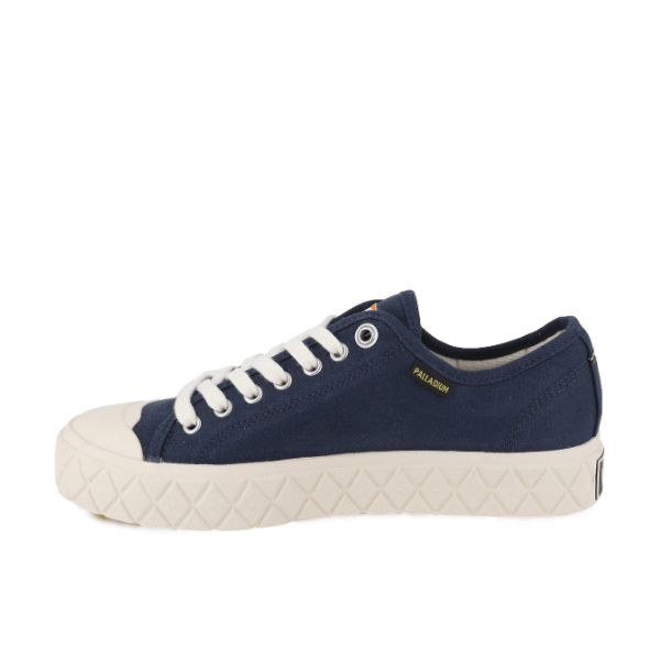 Palladium Palla Ace Washed CVS in Mood Indigo - side profile view showing washed canvas upper, yellow logo and diamond outsole
