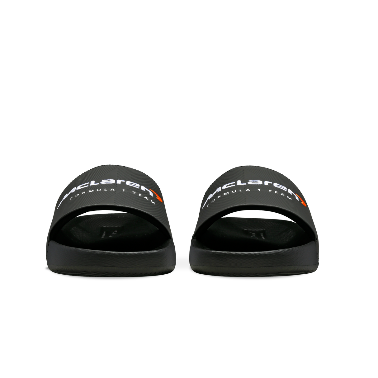 K-Swiss x McLaren Black Slide Sandals - Rear View Pair Showing McLaren Strap Branding | K98717-BLK