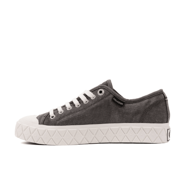 Palladium Palla Ace Washed CVS Metal/Black - outer side view highlighting the iconic diamond-grip outsole and low-cut canvas silhouette