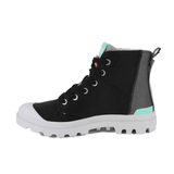 Pampa Hi Urban Layer Black high-top boot – outer side view with teal heel tab and white outsole