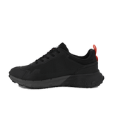 Palladium Offrunner WP+ Black waterproof sneaker – side profile highlighting red heel tab, technical canvas upper and rugged all-terrain outsole