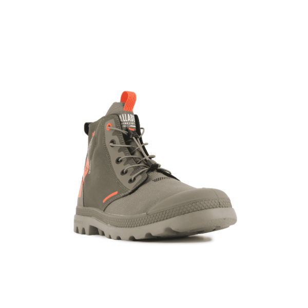 Palladium PAMPA Lite Journey Boot Olive Night – angled front view with olive canvas and orange accents