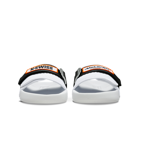 K-Swiss x McLaren Strap Sandals White Black - Front Facing Pair View with Branding
