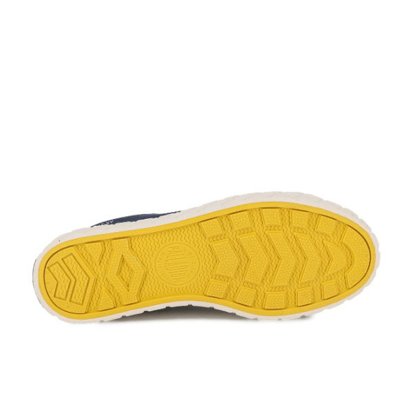 Palladium Palla Ace Washed CVS in Mood Indigo - bottom view showing distinctive yellow rubber outsole with signature diamond grip pattern