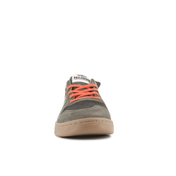 Palladium Pallacup Flame Suede sneaker in Beluga and Olive Night – toe view