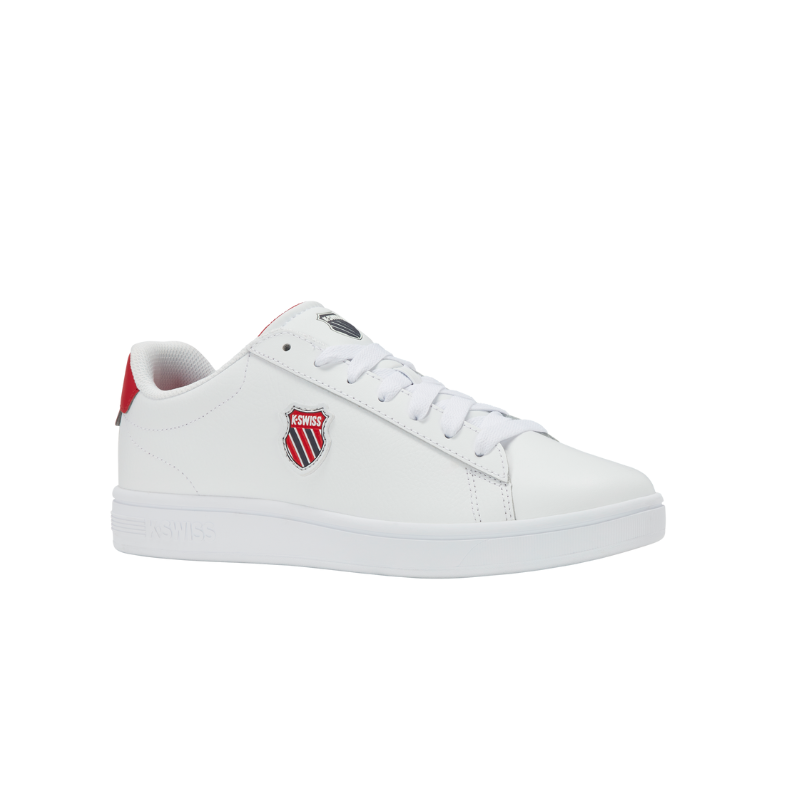 K-Swiss Court Shield II sneaker in White and Mars Red - 3/4 front angle view showing K-Swiss shield badge on low-top court shoe