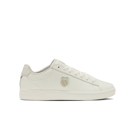K-Swiss Court Shield II sneaker in Snow White and Light Grey - side profile view of classic low-top court shoe with tonal K-Swiss badge