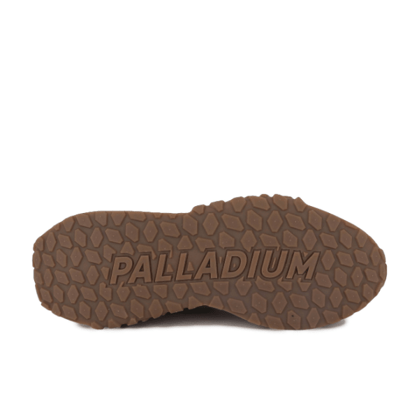 Troop Runner Racoon sneaker sole – underside view showing Palladium logo and brown rubber outsole with tread
