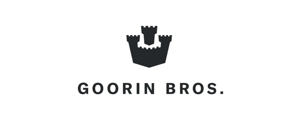 The Goorin Bros. logo, featuring a dark gray castle silhouette above the brand name in a clean sans-serif font, centered on a solid white background.