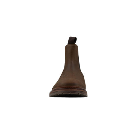 Chapman & Moore Country Chelsea Boot in Chocolate - front toe view showing round toe and leather construction