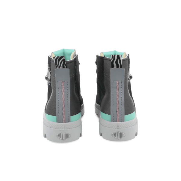 Pampa Hi Urban Layer Black high-top boots – rear view showing teal heel strip and zebra-print lining