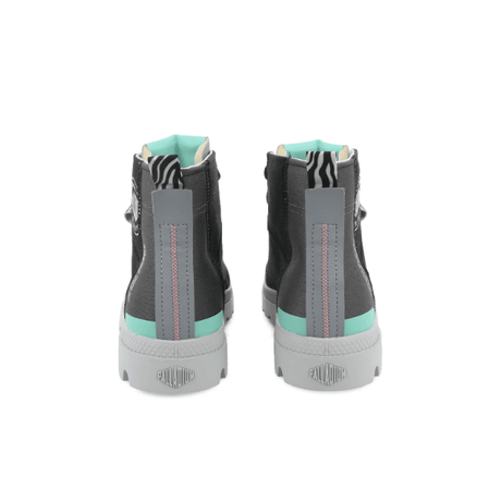 Pampa Hi Urban Layer Black high-top boots – rear view showing teal heel strip and zebra-print lining