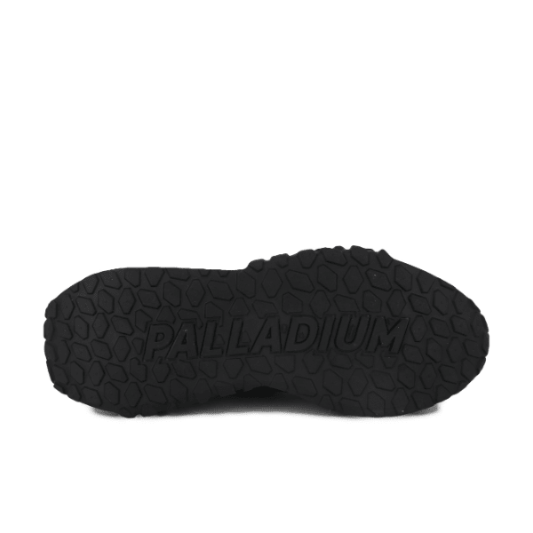 Troop Runner Black Olive Night sneaker sole – underside showing Palladium embossed logo and black rubber outsole