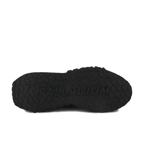 Troop Runner Black Olive Night sneaker sole – underside showing Palladium embossed logo and black rubber outsole