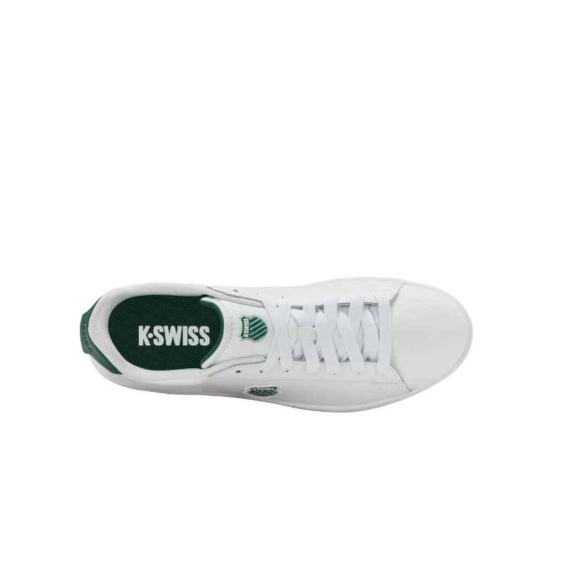 K-Swiss Court Shield II White Navy – overhead view of cushioned insole with K-Swiss branding and navy green heel detail
