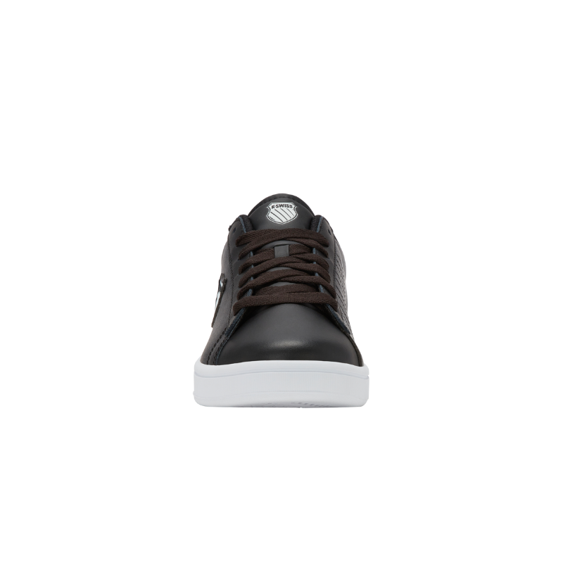 K-Swiss Court Shield II sneaker in Black and White - front-on view of low-top court shoe with K-Swiss shield badge and white sole