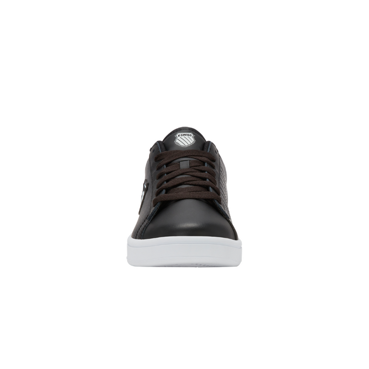 K-Swiss Court Shield II sneaker in Black and White - front-on view of low-top court shoe with K-Swiss shield badge and white sole