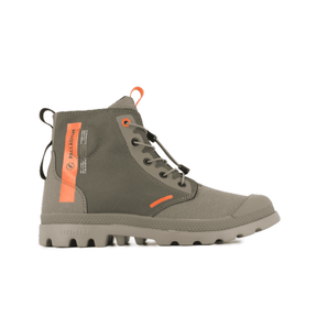 Palladium PAMPA Lite Journey Boot Olive Night – side view with orange toggle lace and branding tape