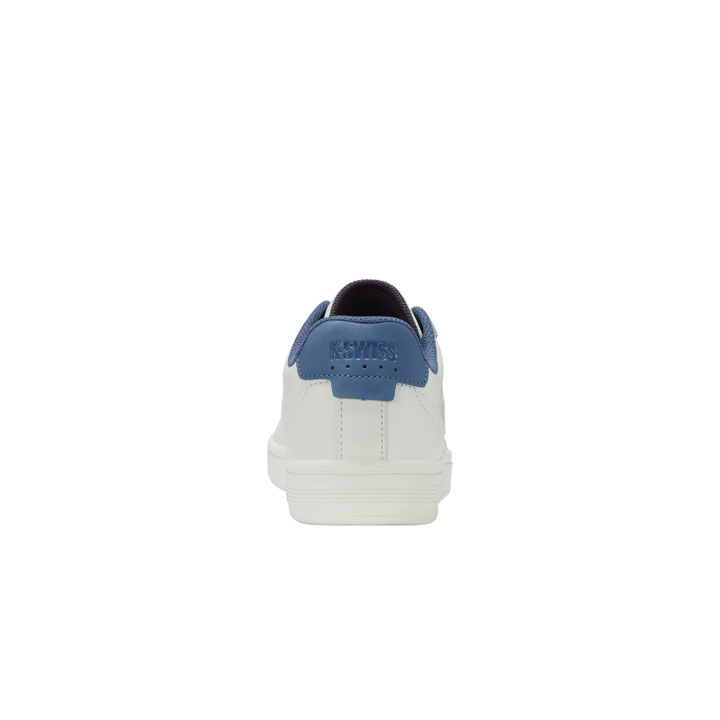 K-Swiss Court Shield II sneaker in White and Blue Horizon - rear heel view showing Blue Horizon heel tab and K-Swiss lettering