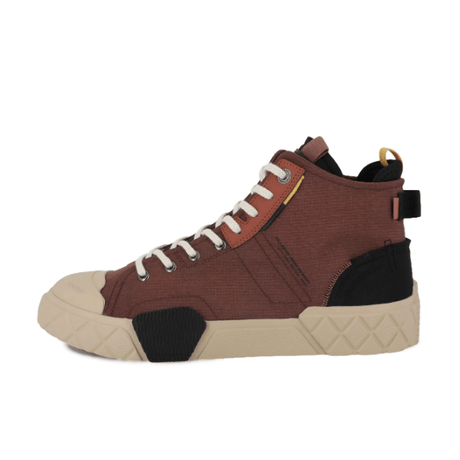 Palladium Ace City Shell Chukka Racoon sneaker – 3/4 rear view, brown ripstop upper with black ankle support and beige diamond rubber outsole