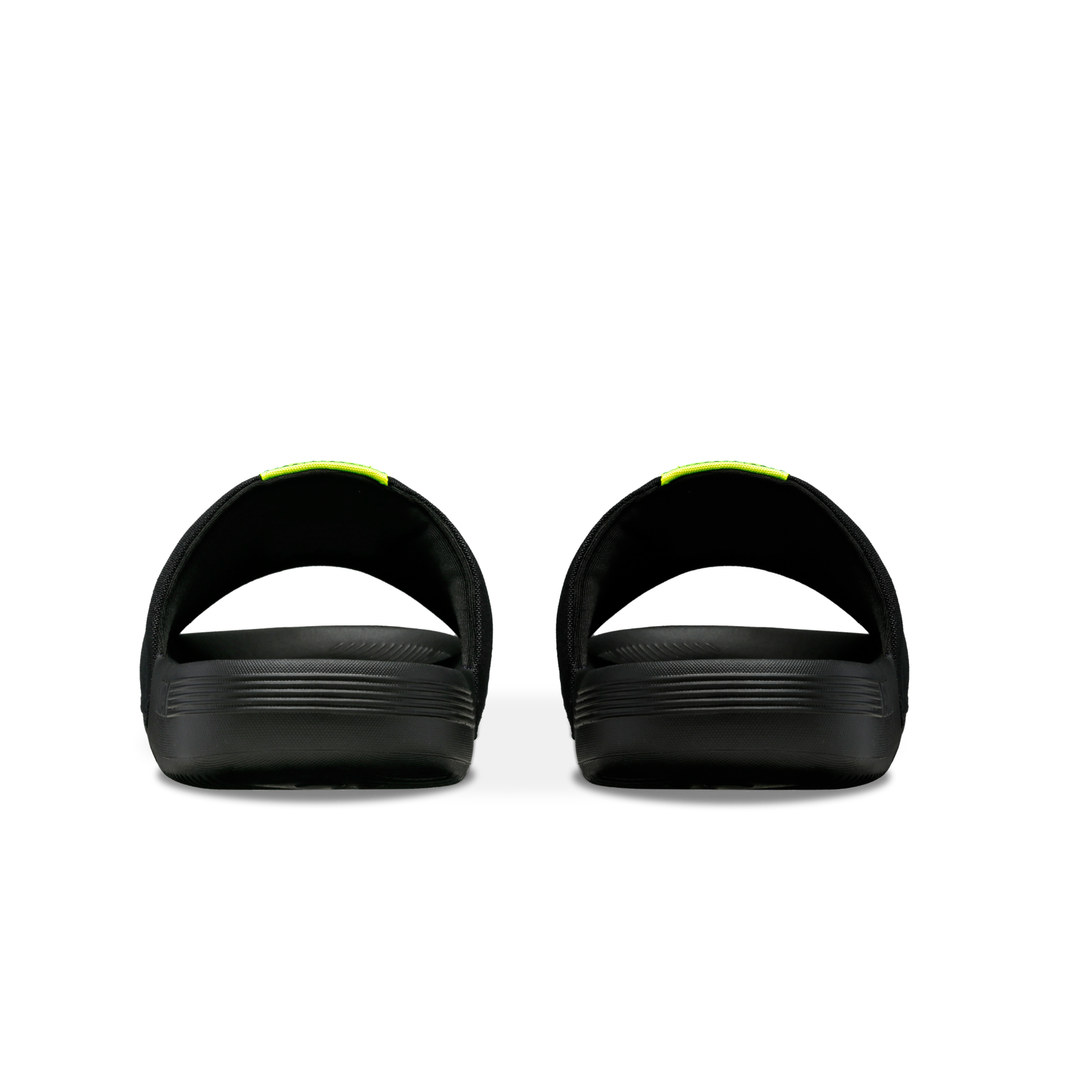 K-Swiss x McLaren Slide Sandals – rear heel view of pair in Black with Safety Yellow accent