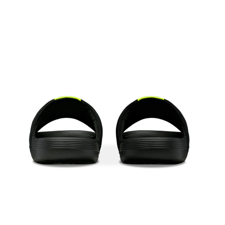 K-Swiss x McLaren Slide Sandals – rear heel view of pair in Black with Safety Yellow accent