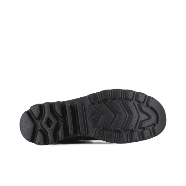 Palladium PAMPA Lite Journey Boot Black – outsole view showing ultralight grip tread in all-black finish